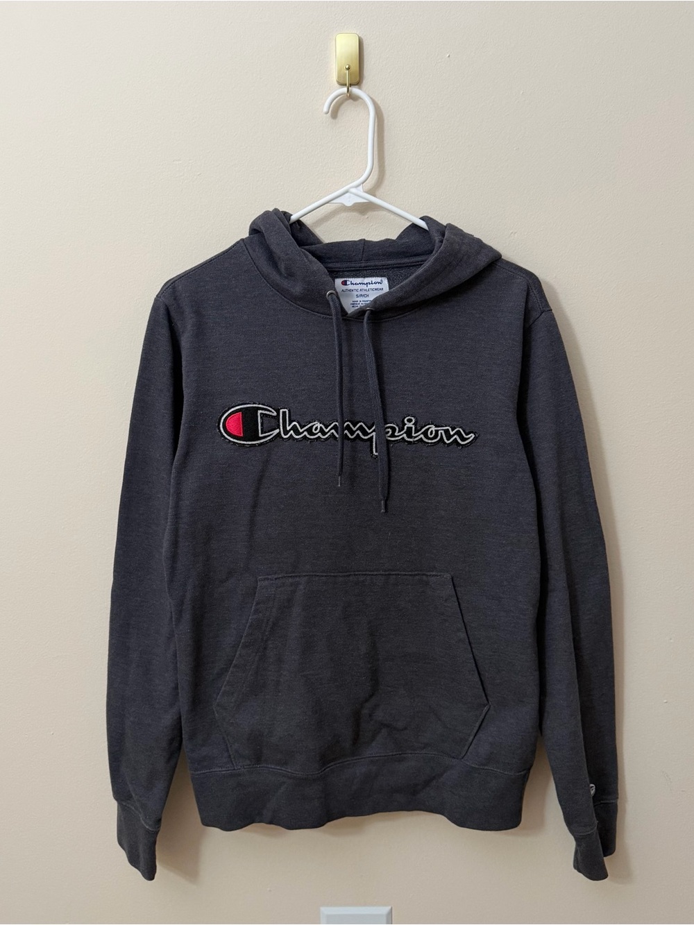 Champion Men's Dark Gray Pullover Hoodie Sweatshirt Spellout Logo Size Small